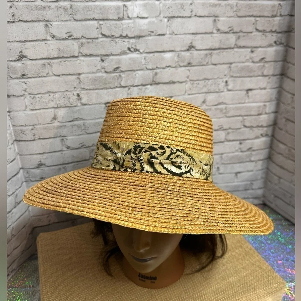 Womens Tan Straw Sun Hat Animal Print Accent Band Pearl Stick Pin Wide Brim Hat